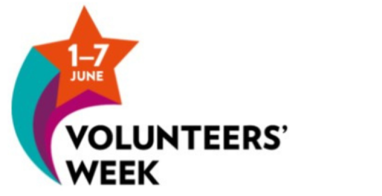 The volunteers week logo, text with a shooting star to the left. Inside the star is text that says 1st to 7th of June. 
