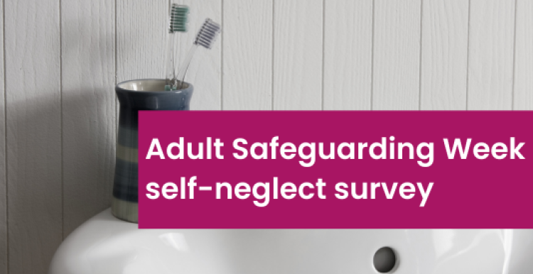 A desaturated photograph of two toothbrushes in a striped pot on the side of a sink. Over the image is a pink text box which says 'Adult Safeguarding Week self-neglect survey'.