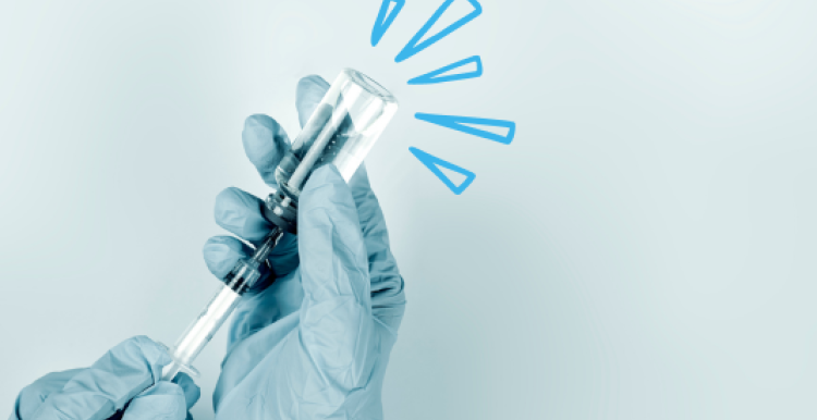 a vaccine being drawn into a needle from a vial. Around the vial are highlight lines to mark the vial as notable.