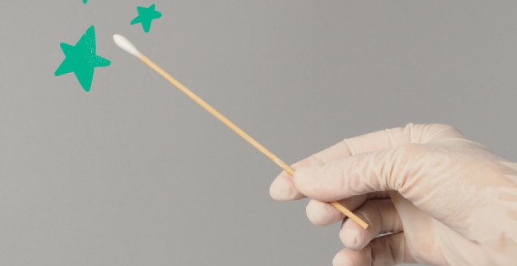 A gloved hand holds a swab. Little green stars float around the swab tip.