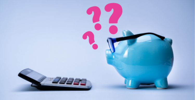 A pig shaped piggy bank wearing glasses faces a calculator. Question marks float above the pig to indicate confusion.