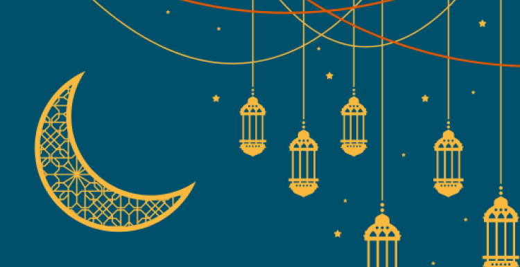 Several lanterns hanging down next to a crescent moon with a mosaic pattern in it.