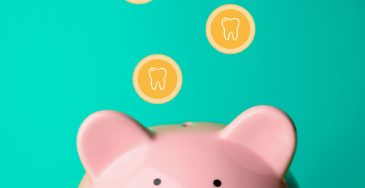 Coins with teeth on falling into a piggy bank