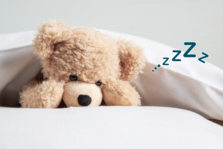a teddy bear tucked under a duvet to sleep