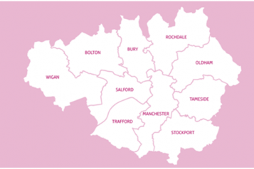A pink and white map of Greater Manchester with the names of the boroughs filled in