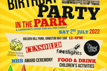 The party in the park event poster. Mostly text, replicated in the event page. 