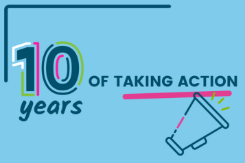Text ID: 10 years of acting. A small loudspeaker hovers over the final word which is underlined in pink.