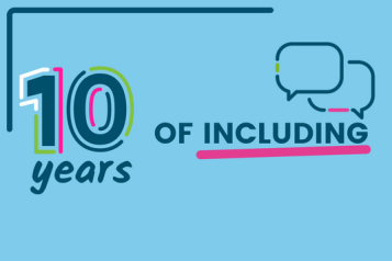 Text ID: 10 years of including . Two overlapping speech bubbles hover over the final word which is underlined in pink.