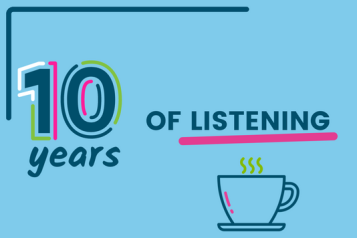 Text ID: 10 years of listening. A teacup sits under the final word which is underlined in pink.