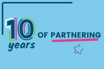 Text ID: 10 years of partnering. A small star hovers under the final word which is underlined in pink. 