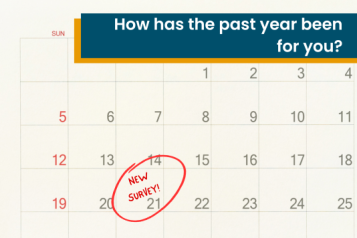 A calendar with the 21st day circled, and red text in the circle announcing a new survey. At the top of the image is a blue and yellow text box, which asks 'How has the past year been for you?'. 
