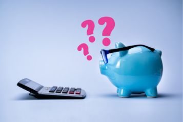 A pig shaped piggy bank wearing glasses faces a calculator. Question marks float above the pig to indicate confusion. 