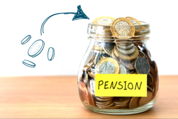 Cartoon coins next to a jar of real pound coins. The jar is labelled pension. An arrow directs the cartoon coins into the jar.