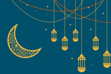 Several lanterns hanging down next to a crescent moon with a mosaic pattern in it.