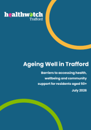 cover of the aging well report, containing white text on a dark blue background with green and yellow circles in each corner. 